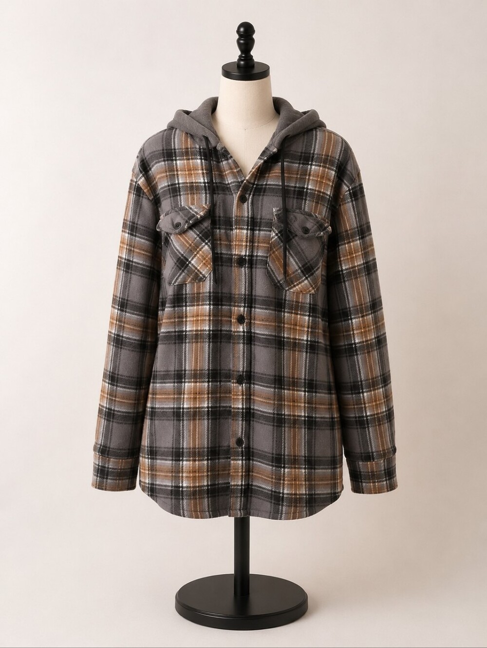Original Deluxe Gray and Brown Plaid Hooded Shirt Jacket